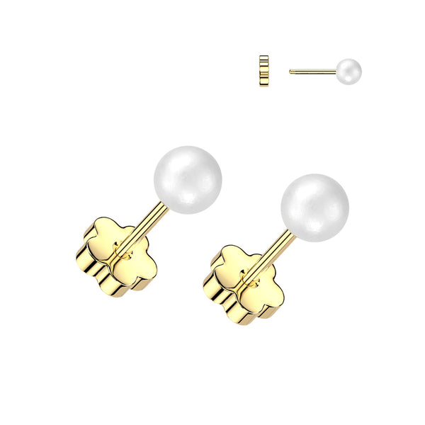 Pair of 316L Surgical Steel Gold PVD White Pearl Screw On Flat Back Earrings - Pierced Universe