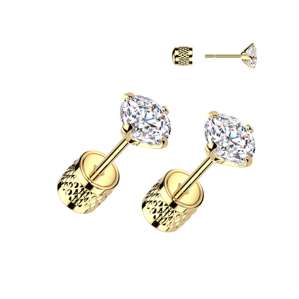 Pair of 316L Surgical Steel Gold PVD Push In Backing White CZ Stud Earrings