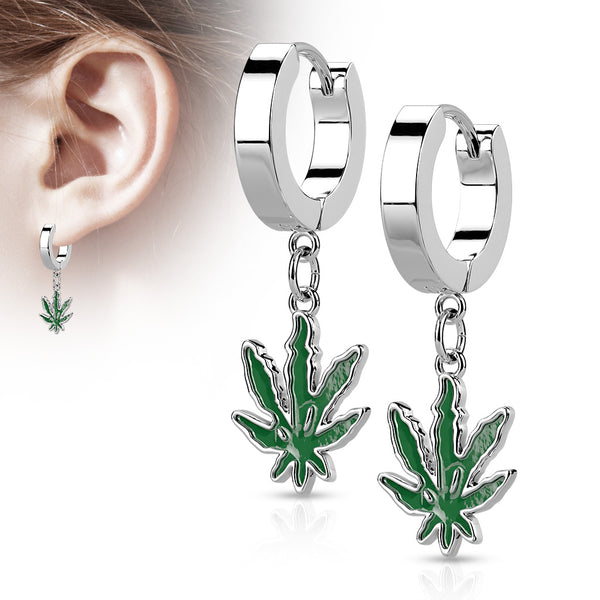 Pair of 316L Surgical Steel Green Marijuana Weed Leaf Dangle Hoop Earrings - Pierced Universe
