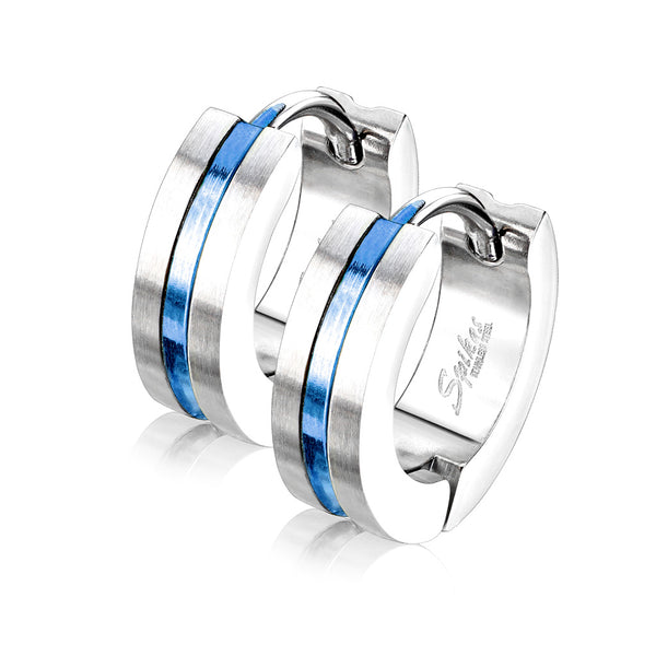 Pair of 316L Surgical Steel Blue PVD Thin Stripe Centre Hoop Earrings - Pierced Universe