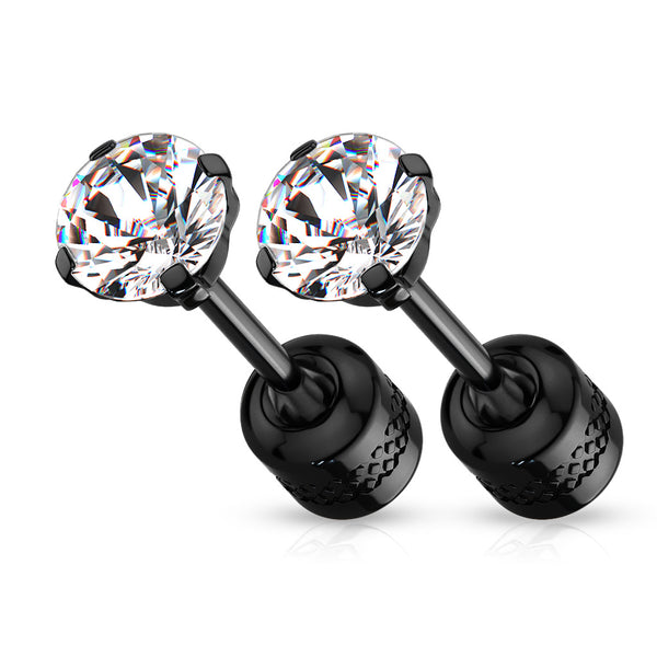 Pair of Screw Back 316L Surgical Steel Black PVD White CZ Stud Earrings