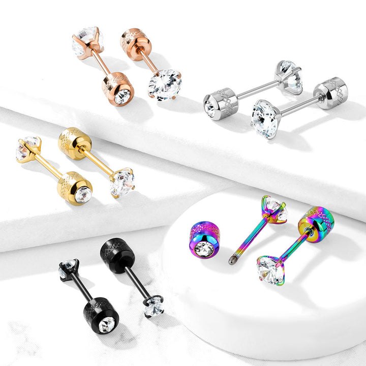 Pair of Screw Back 316L Surgical Steel Rainbow PVD White CZ Stud Earrings - Pierced Universe