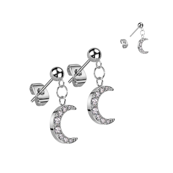 Pair of 316L Surgical Steel Ball Large White CZ Crescent Moon Dangle Stud Earrings