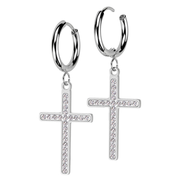 Pair of 316L Surgical Steel White CZ Dangly Cross Hoop Earrings