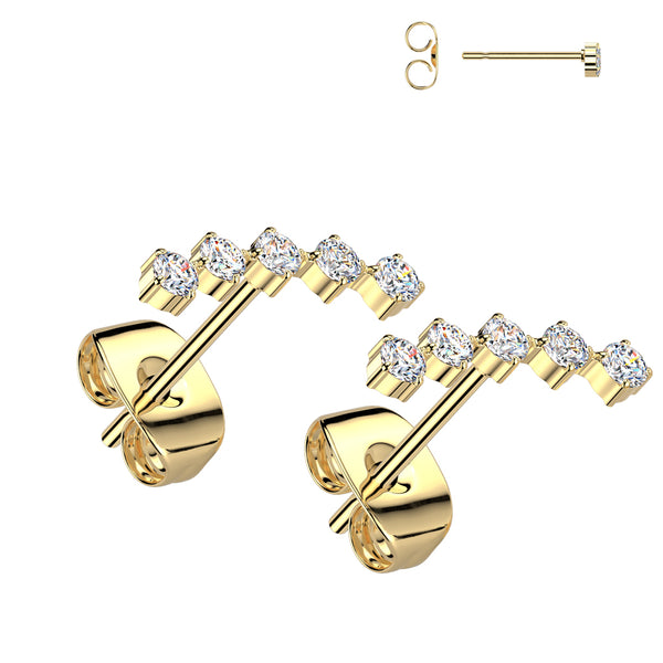 Pair of 316L Surgical Steel Gold PVD Curved White CZ Stud Earrings - Pierced Universe