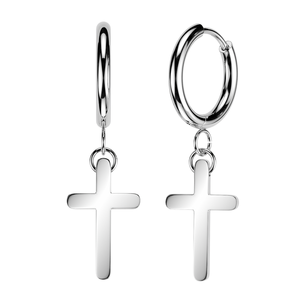 Pair of 316L Surgical Steel Basic Minimal Cross Dangle Hinged Hoop Earrings