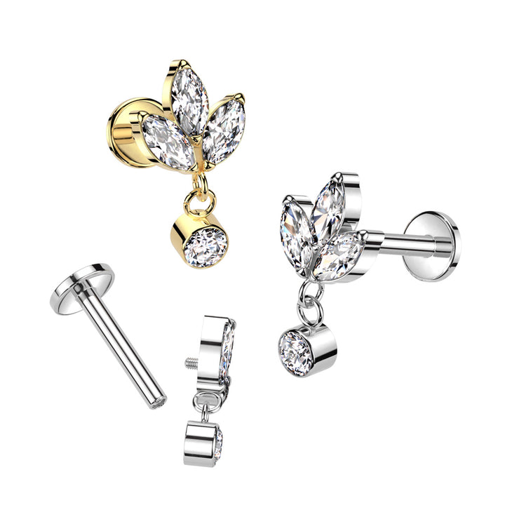 Implant Grade Titanium Triple Petal Flower White CZ Gem Dangle Flat Back Labret - Pierced Universe