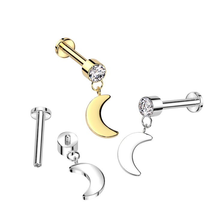 Implant Grade Titanium White CZ Crescent Moon Dangle Flat Back Labret - Pierced Universe