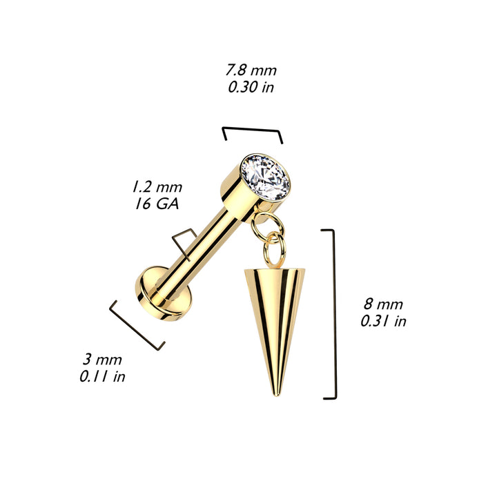Implant Grade Titanium Gold PVD White CZ Bezel Spike Dangle Internally Threaded Flat Back Labret - Pierced Universe