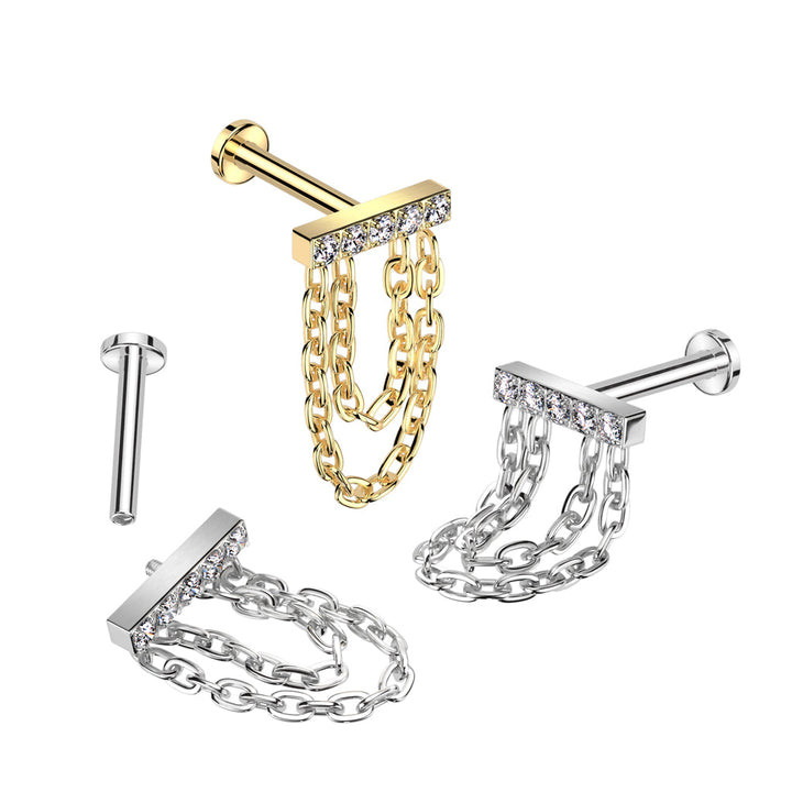 Implant Grade Titanium Gold PVD White CZ Studded Bar Chain Dangle Flat Back Labret - Pierced Universe