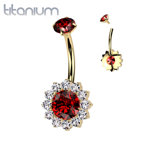 Implant Grade Titanium Gold PVD White CZ Red Large Flower Internally Threaded Belly Ring