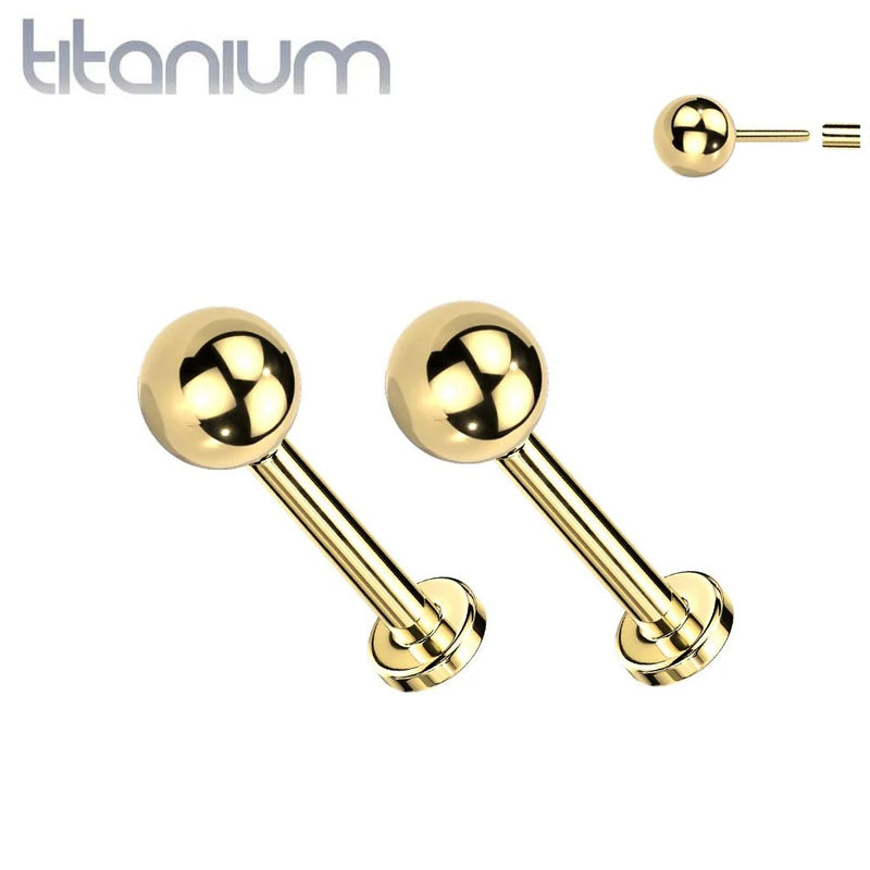 Pair of Implant Grade Titanium Gold PVD Ball Top Threadless Push In Earrings With Flat Back - Pierced Universe