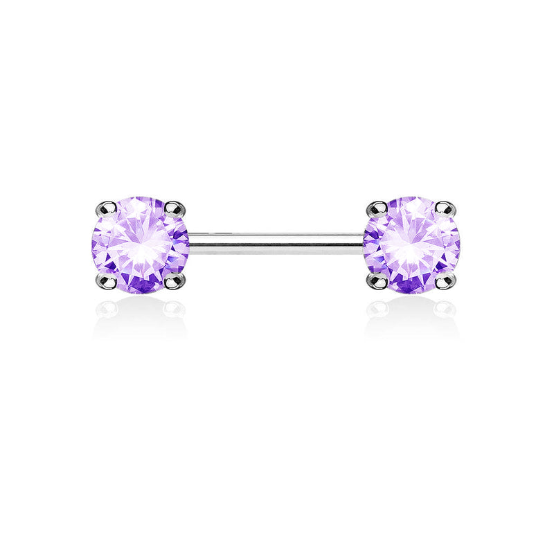 316L Surgical Steel Prong Double Round Purple CZ Nipple Ring Barbell - Pierced Universe