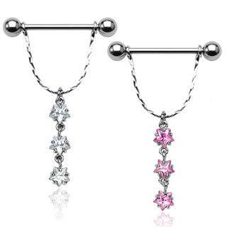 14ga 316L Surgical Steel Triple Star CZ Gem Dangle Nipple Ring Barbell - Pierced Universe