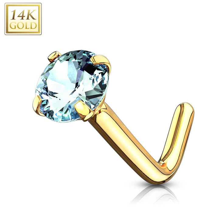 14KT Solid Yellow Gold "L" Shaped Bent Aqua Circle CZ Nose Ring Stud - Pierced Universe