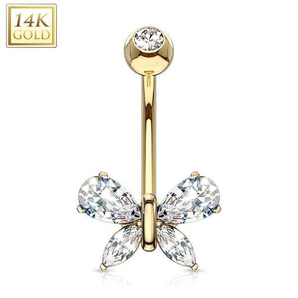 14KT Solid Yellow Gold White CZ Butterfly Belly Button Ring - Pierced Universe