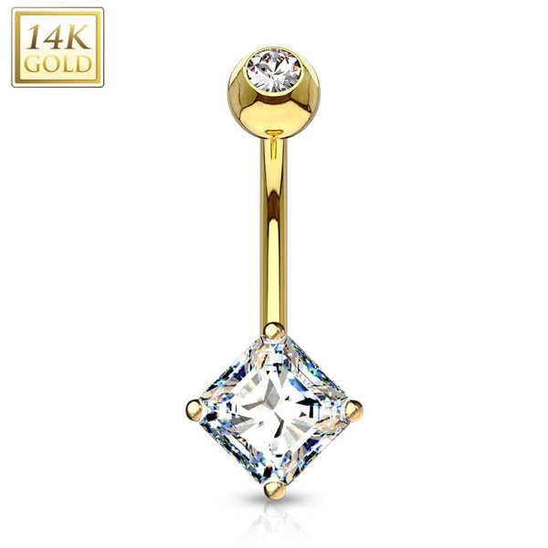 14KT Yellow Gold White Princess Cut Prong CZ Belly Button Ring - Pierced Universe