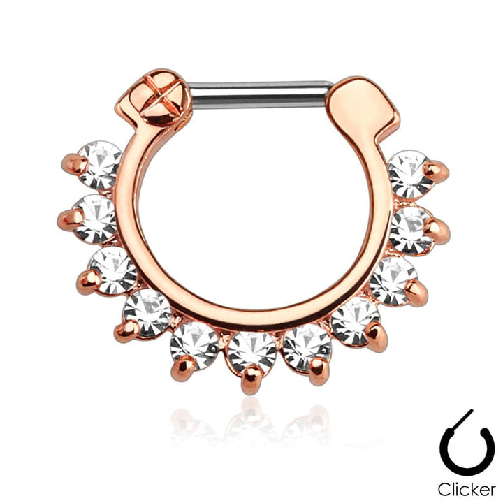 16GA Rose Gold Plated Prong Set Single Line CZ Gemmed 316L Surgical Steel Bar Septum Ring Clicker - Pierced Universe