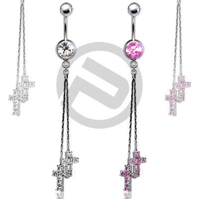 2 Dangle Religious Cross CZ Drop Dangle Belly Button Navel Ring - Pierced Universe