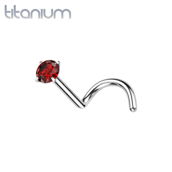 Implant Grade Titanium Corkscrew Nose Ring Stud Red CZ With Prong - Pierced Universe