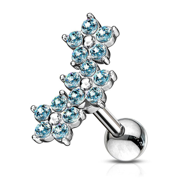 316L Surgical Steel 3 Flower Aqua CZ Cartilage Ring Barbell - Pierced Universe