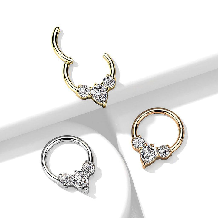 316L Surgical Steel 3 White CZ Gem Teardrop Dainty Septum Ring Hinged Clicker Hoop - Pierced Universe