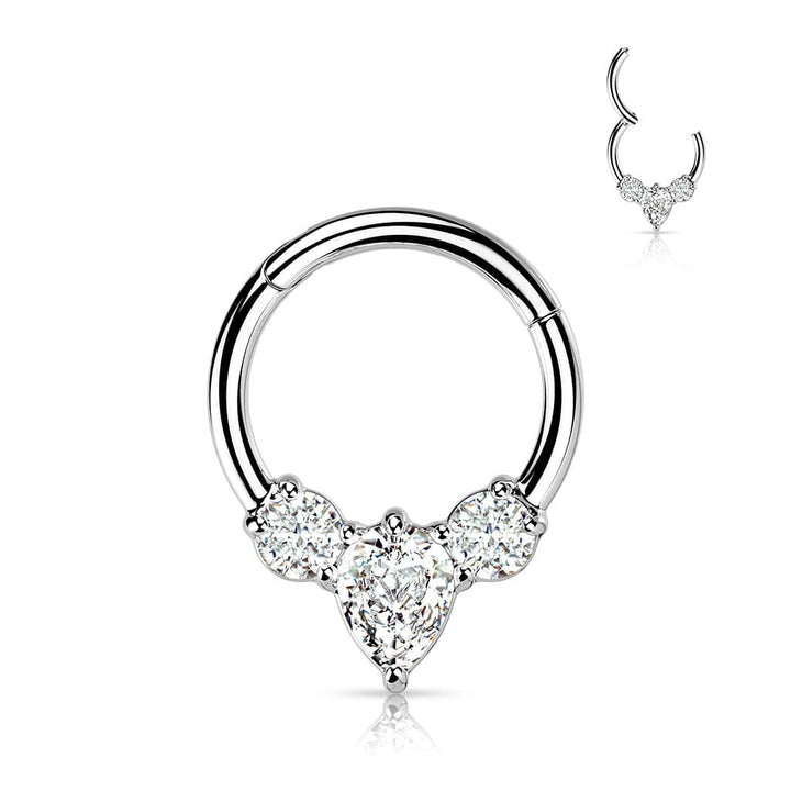 316L Surgical Steel 3 White CZ Gem Teardrop Dainty Septum Ring Hinged Clicker Hoop - Pierced Universe