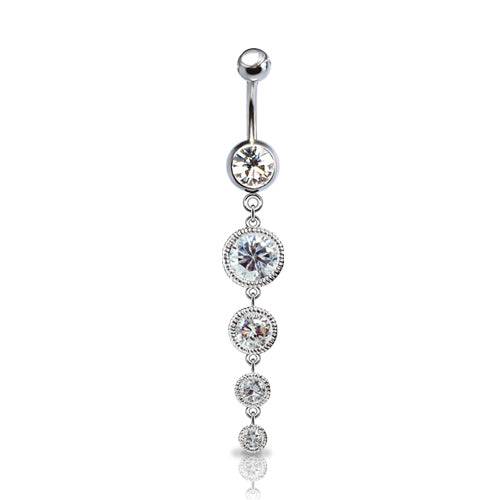 316L Surgical Steel 4 Gem Rimmed Dangle Belly Ring - Pierced Universe