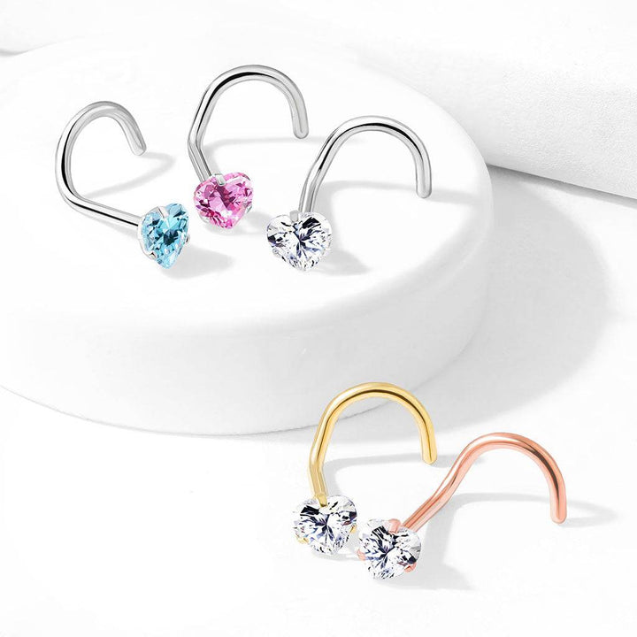 316L Surgical Steel Aqua Heart CZ Corkscrew Nose Pin Ring - Pierced Universe