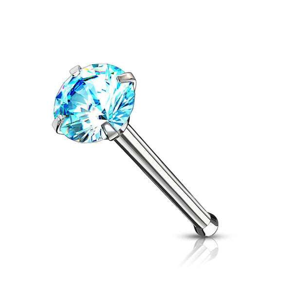 316L Surgical Steel Aqua Round CZ Prong Gem Ball End Nose Ring Stud - Pierced Universe