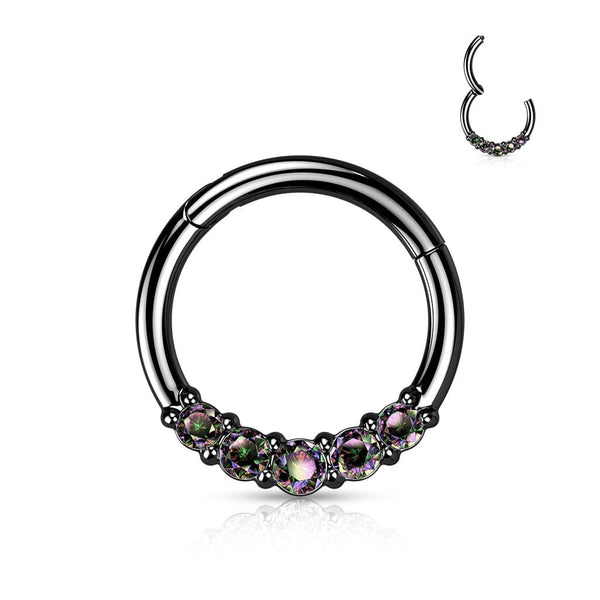 316L Surgical Steel Black PVD 5 VM CZ Gem Dainty Septum Ring Hinged Clicker Hoop - Pierced Universe