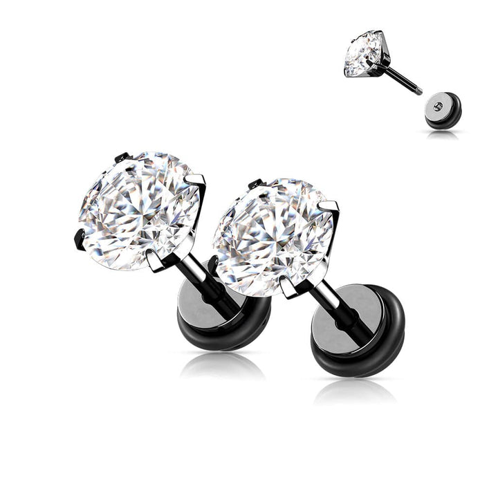 316L Surgical Steel Black PVD White CZ Round Clawed Fake Plug Earrings - Pierced Universe