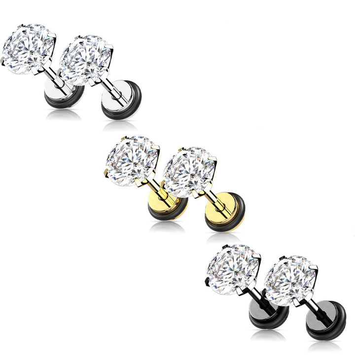 316L Surgical Steel Black PVD White CZ Round Clawed Fake Plug Earrings - Pierced Universe