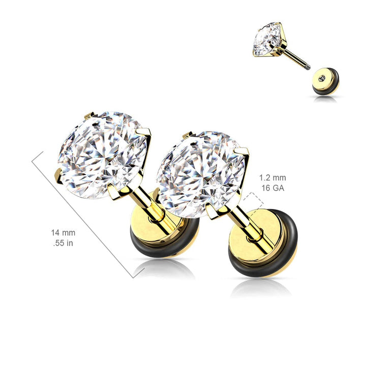 316L Surgical Steel Black PVD White CZ Round Clawed Fake Plug Earrings - Pierced Universe