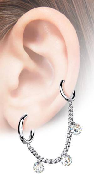 316L Surgical Steel Chain Link Double Hoop Earring with White CZ Gem Dangle - Pierced Universe