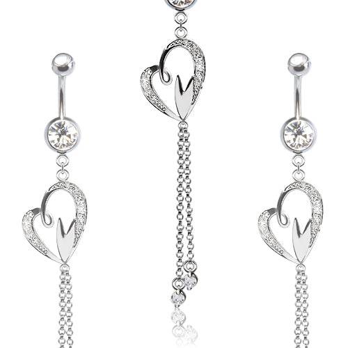 316L Surgical Steel CZ Heart with Hanging Gemmed Chain Dangle Belly Ring - Pierced Universe