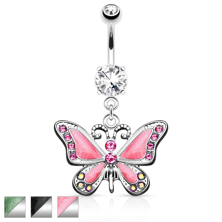 316L Surgical Steel Dangling Epoxy CZ Cute Butterfly Belly Button Navel Ring - Pierced Universe