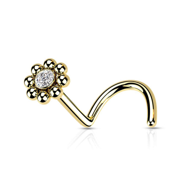 316L Surgical Steel Gold PVD Ball White CZ Gem Flower Corkscrew Nose Ring Stud - Pierced Universe