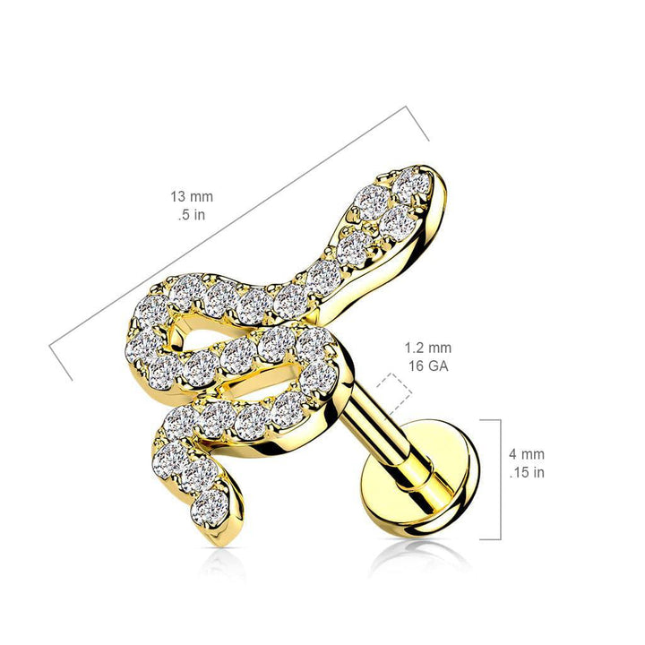 316L Surgical Steel Gold PVD Internally Threaded White CZ Snake Labret - Pierced Universe
