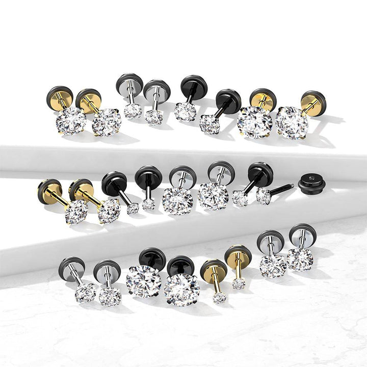 316L Surgical Steel Gold PVD White CZ Round Clawed Fake Plug Earrings - Pierced Universe