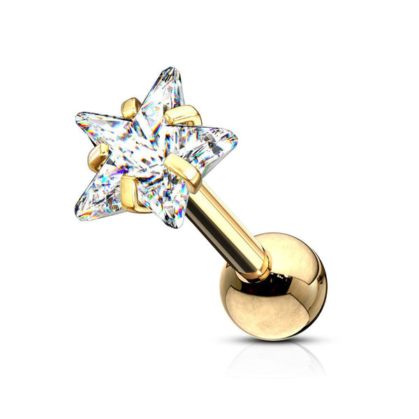 316L Surgical Steel Gold PVD White CZ Star Cartilage Ring - Pierced Universe