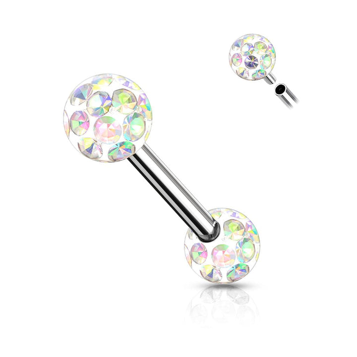 316L Surgical Steel Internally Threaded Aurora Borealis CZ Shamballa Coated Straight Barbell - Pierced Universe