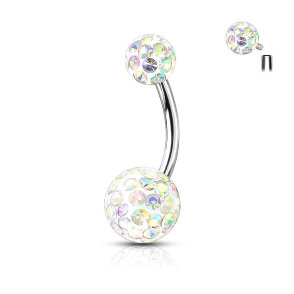 316L Surgical Steel Internally Threaded Aurora Borealis Shamballa Coated CZ Belly Ring - Pierced Universe