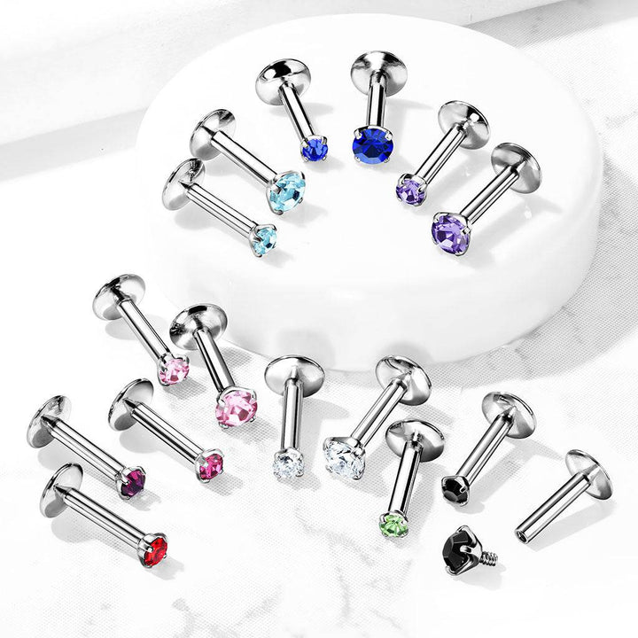 316L Surgical Steel Internally Threaded Blue Circle Prong CZ Flat Back Labret Stud - Pierced Universe