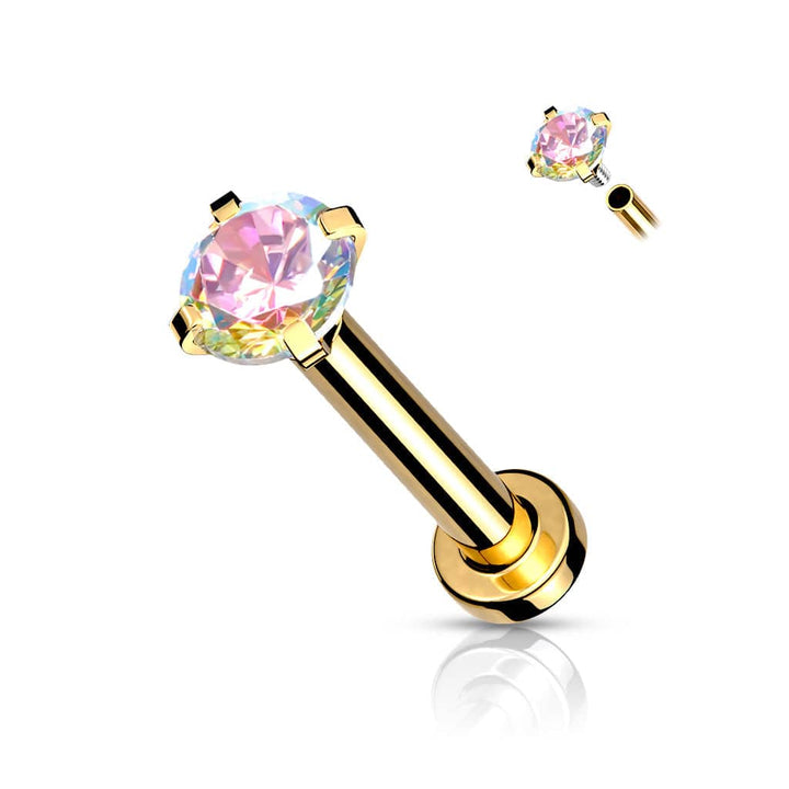 316L Surgical Steel Internally Threaded Gold PVD Flat Back Labret Aurora Borealis CZ Gem - Pierced Universe