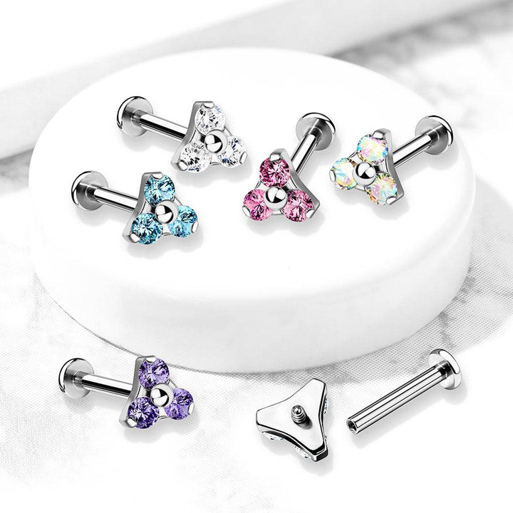 316L Surgical Steel Internally Threaded Pink Triangle CZ Labret - Pierced Universe