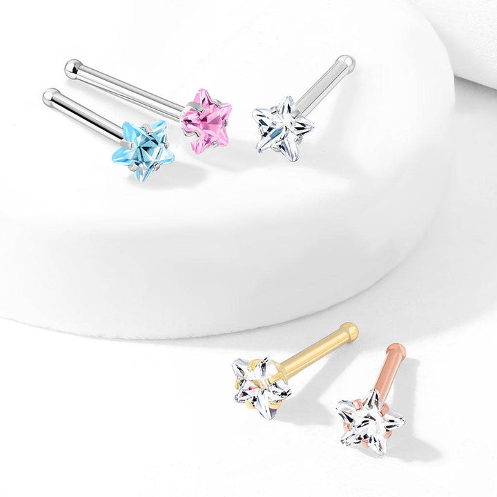 316L Surgical Steel Pink CZ Star Ball End Nose Ring Stud - Pierced Universe