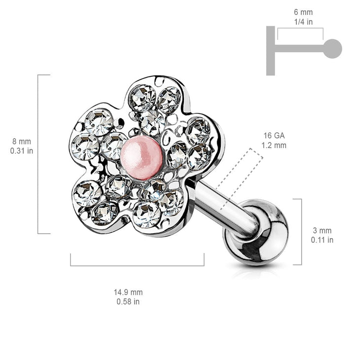 316L Surgical Steel Pink Pearl White CZ Flower Cartilage Stud - Pierced Universe