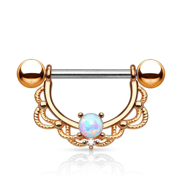 316L Surgical Steel Prong Set Opal with Laced Nipple Ring Barbell - Pierced Universe