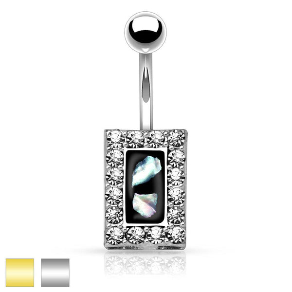 316L Surgical Steel Rectangle Paved Rim With Mother Of Pearl Center Belly Ring - Pierced Universe